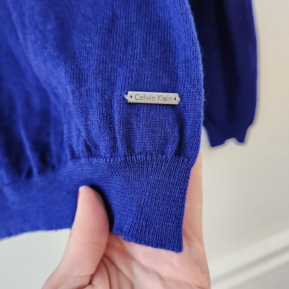 Calvin Klein Extra Fine Merino Wool Sweater Blue Knit V-Neck Classic Men's S - Picture 4 of 7